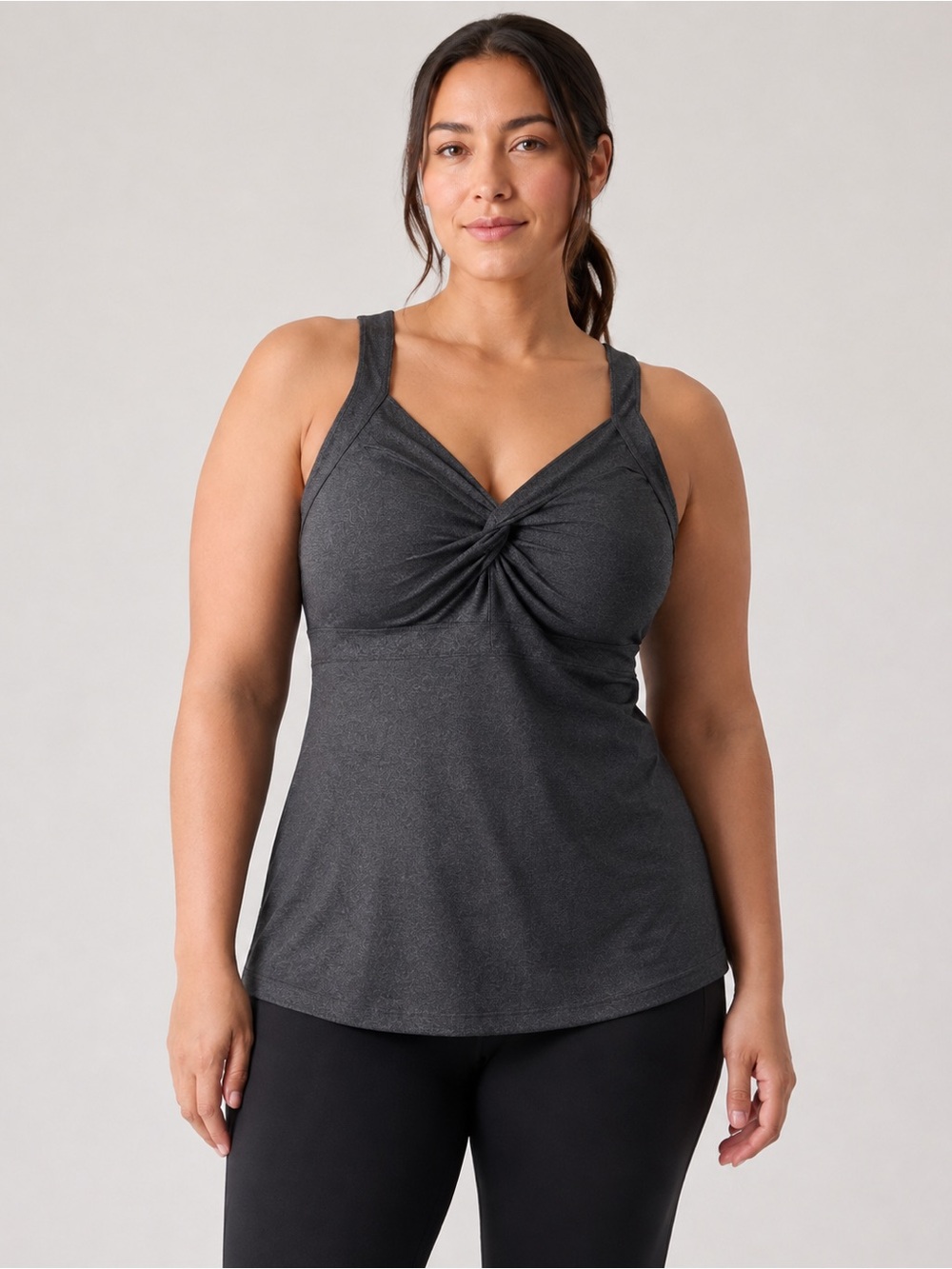 #880 Athleta Jaya Tank 2 Gray Large Tall LT Twist Front Built-In Bra EUC